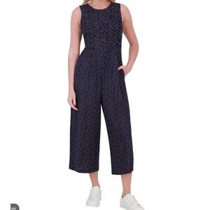 Andrew Marc Women's Polka Dot Navy Blue Smocked Jumpsuit 100%Viscose Size Large